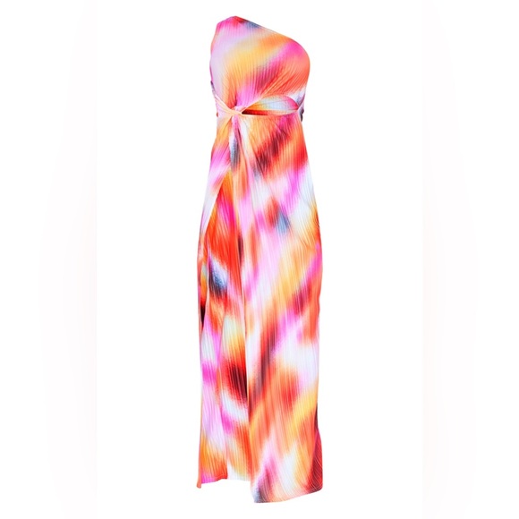PINK ABSTRACT PRINT PLISSE KNOTTED SPLIT DETAIL MAXI DRESS - MEDIUM - Picture 2 of 6
